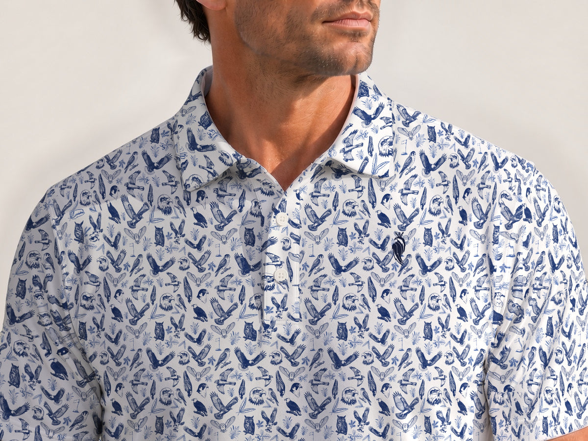 Birdie King birds-of-prey toile golf polo – collar and placket detail